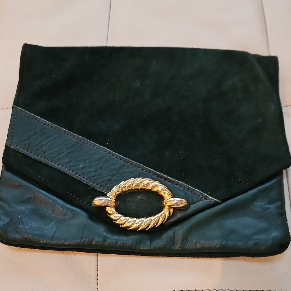 Vintage Elegant Dark Green Suede & Leather Clutch with Gold Accent